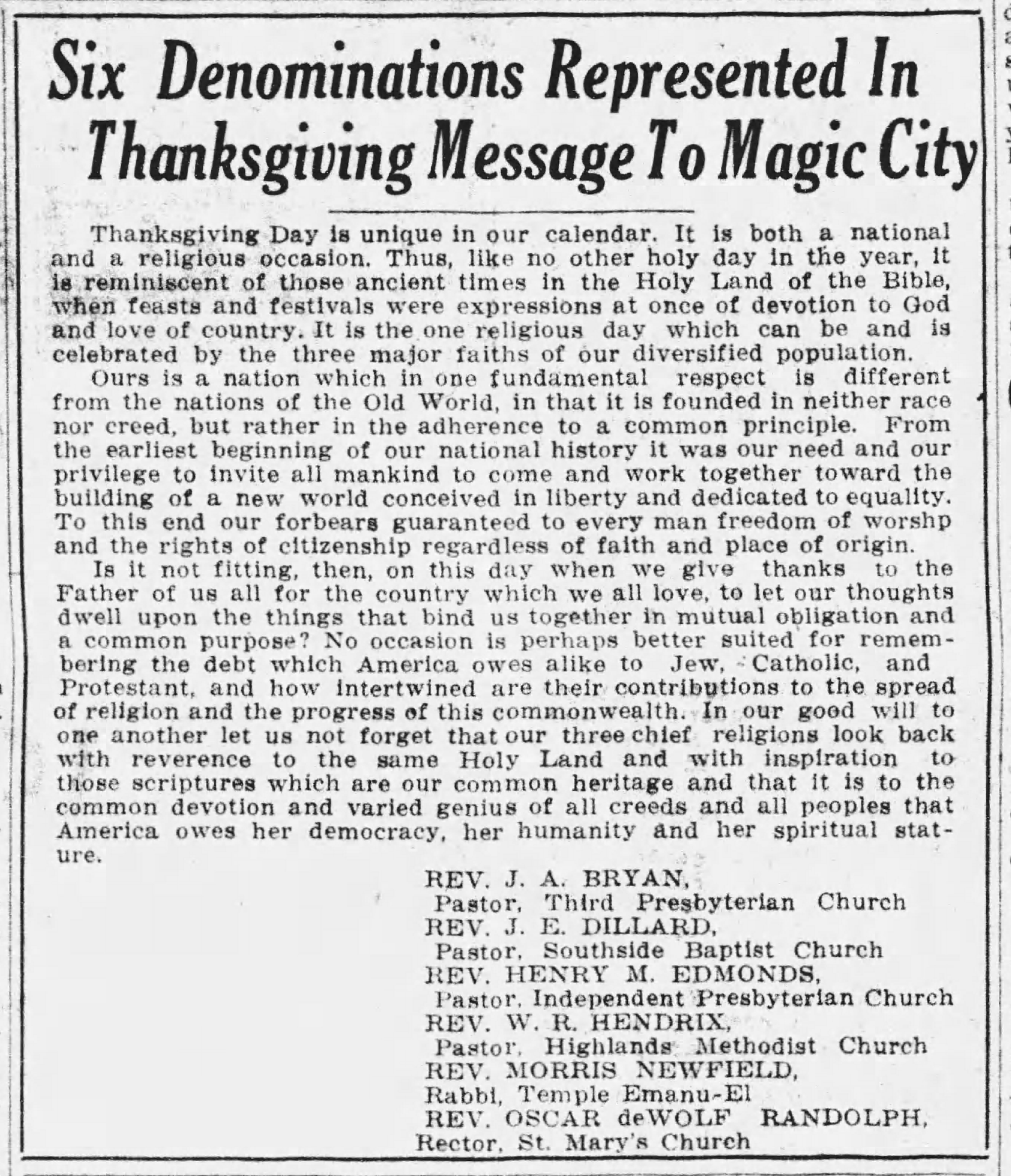 Six Denominations Represented In Thanksgiving Message To City